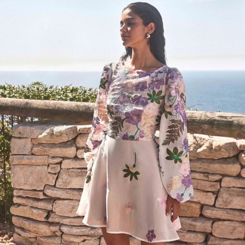 elliatt venetian floral embroidered long sleeve fit & flare mini dress small